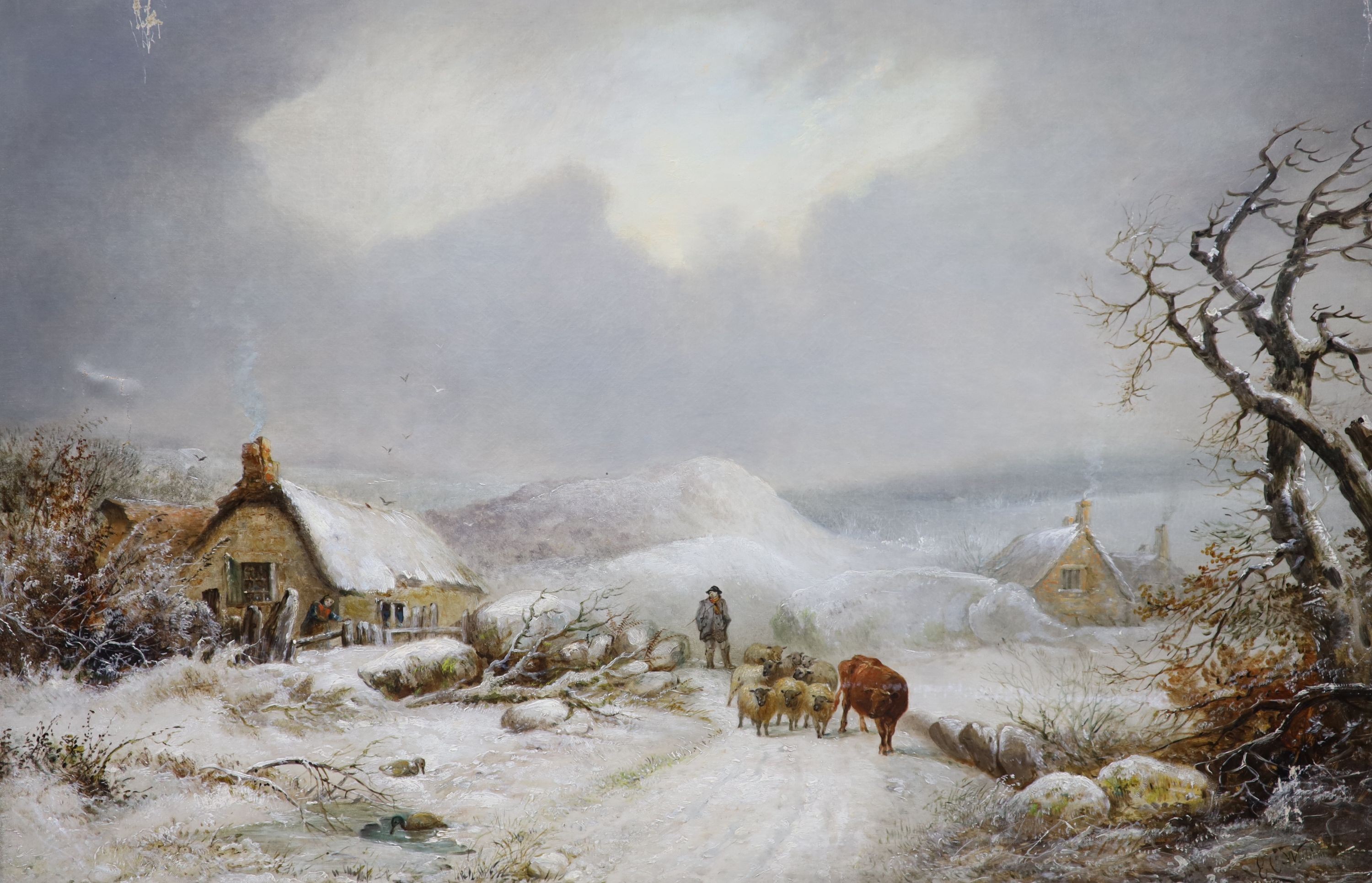 E.C.Williams (1839-1865), oil on canvas, Winter landscape, signed, 60 x 90cm